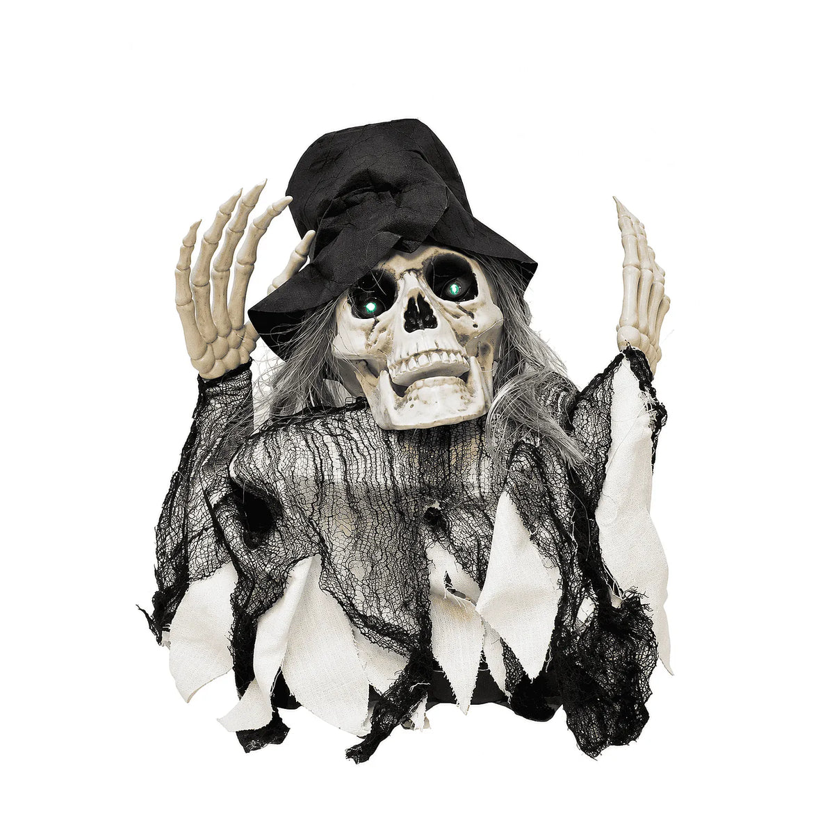 Şapkalı ve kemik elli sesli ışıklı hareketli iskelet büst Halloween dekoru