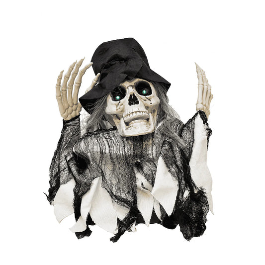 Şapkalı ve kemik elli sesli ışıklı hareketli iskelet büst Halloween dekoru