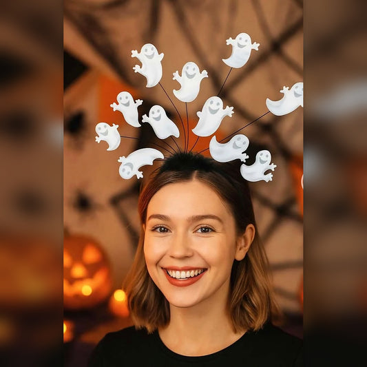 Beyaz hayalet figürlü siyah Halloween parti tacı yetişkin üzerinde