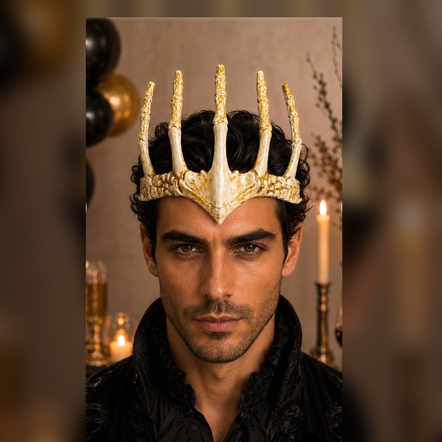 Erkek model üzerinde krem gold iskelet el figürlü Halloween kostüm tacı
