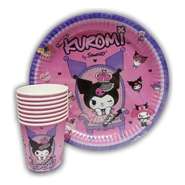 Kuromi Temalı 8 tabak ve 8 bardak doğum günü parti seti