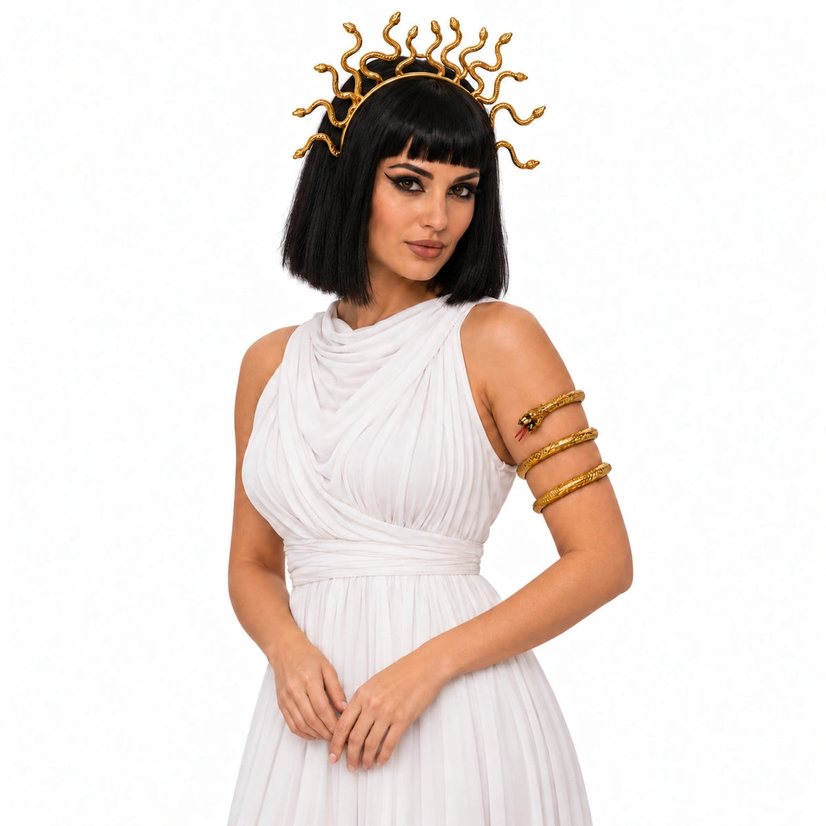 Kadın model üzerinde altın yılanlı Medusa tacı ve üst kola spiral sarılmış şekil verilebilir altın yılan aksesuarı