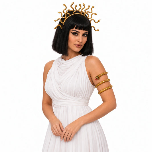 Kadın model üzerinde altın yılanlı Medusa tacı ve üst kola spiral sarılmış şekil verilebilir altın yılan aksesuarı
