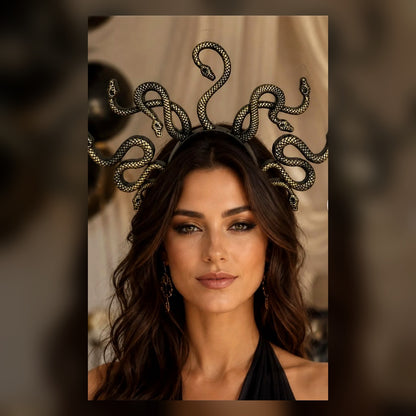 Medusa tacının antik gold tonlu kıvrımlı yılan figürleri yakın plan