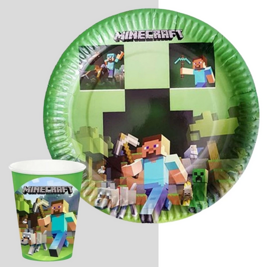 Minecraft Temalı 8 tabak ve 8 bardak doğum günü parti seti