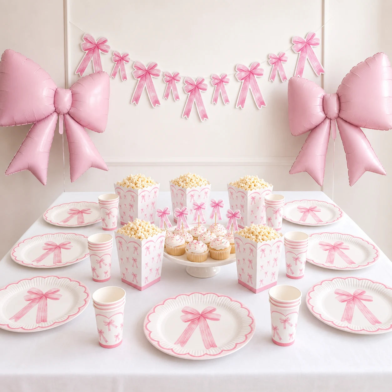 Pembe fiyonk temalı 8 kişilik doğum günü masa süslemesi ve iki büyük fiyonk folyo balon