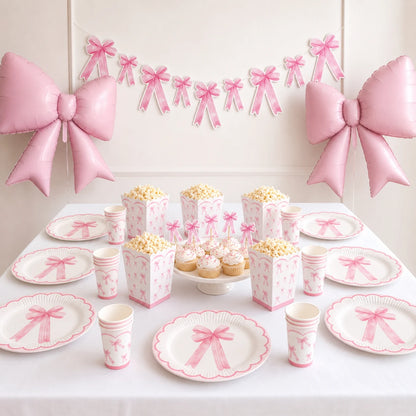 Pembe fiyonk temalı 8 kişilik doğum günü masa süslemesi ve iki büyük fiyonk folyo balon