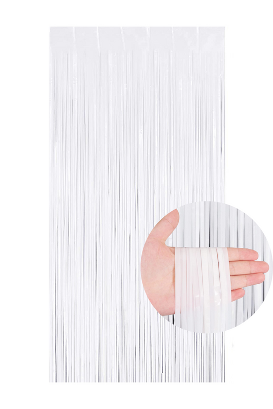 Beyaz metalik püsküllü fon perdesi 100 x 200 cm