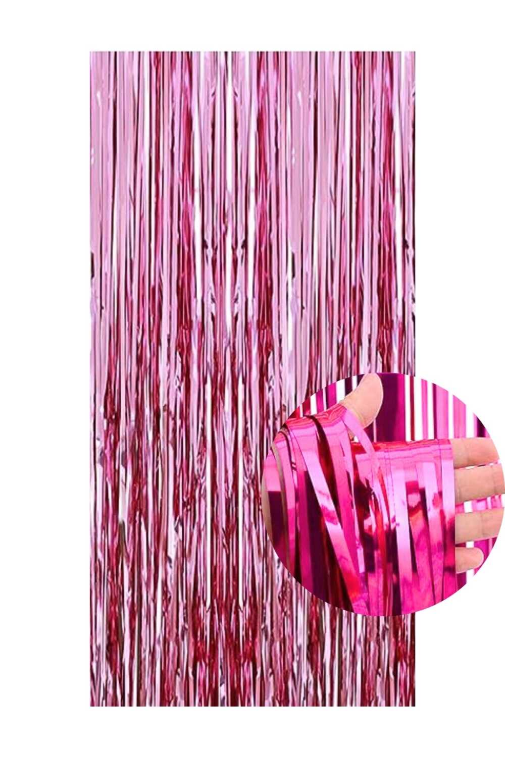 Pembe metalik püsküllü fon perdesi 100 x 200 cm