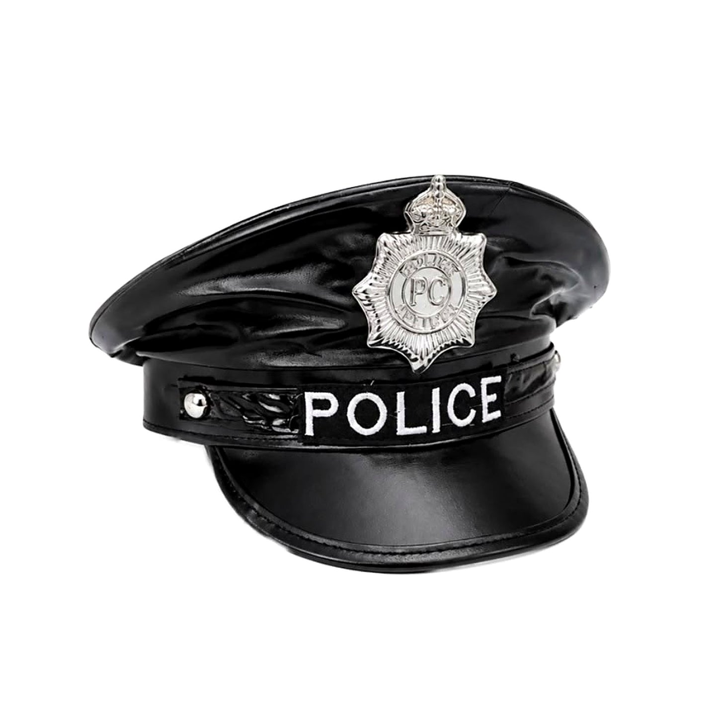 Gümüş rozetli ve Police yazılı siyah polis kostüm şapkası beyaz zeminde