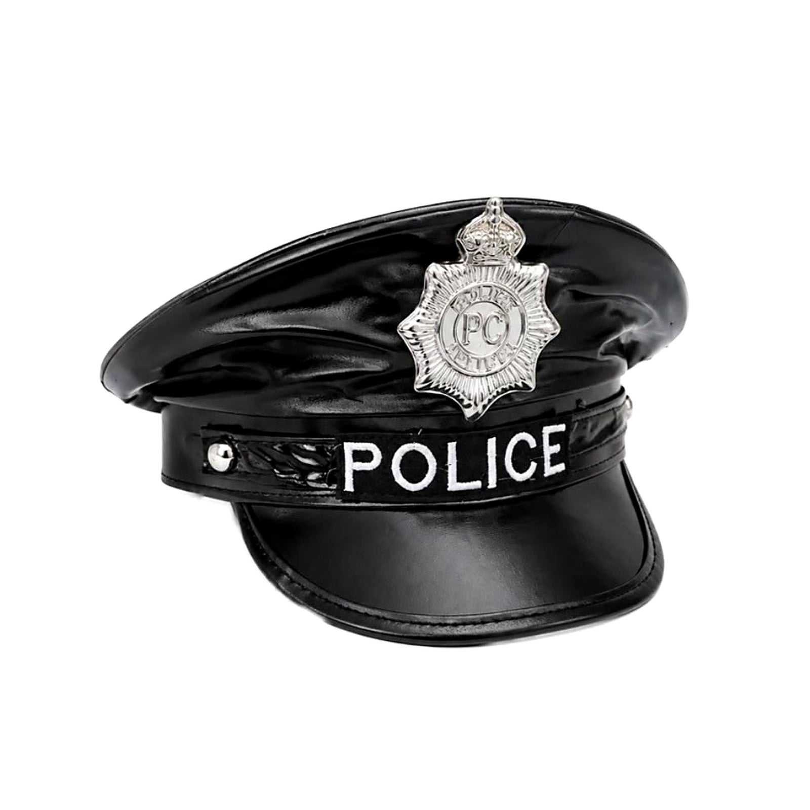 Gümüş rozetli ve Police yazılı siyah polis kostüm şapkası beyaz zeminde