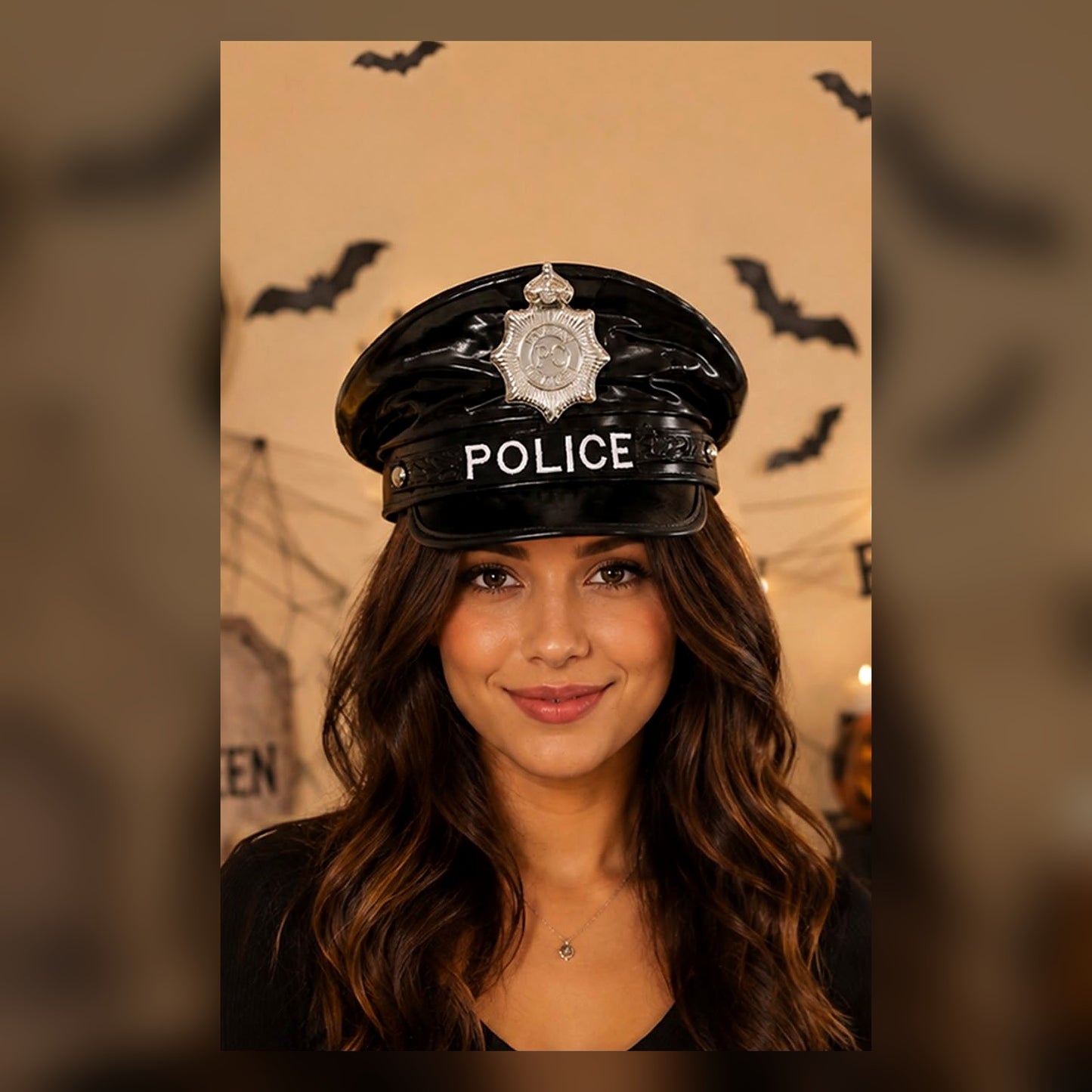 Kadın model üzerinde Police yazılı siyah polis kostüm şapkası