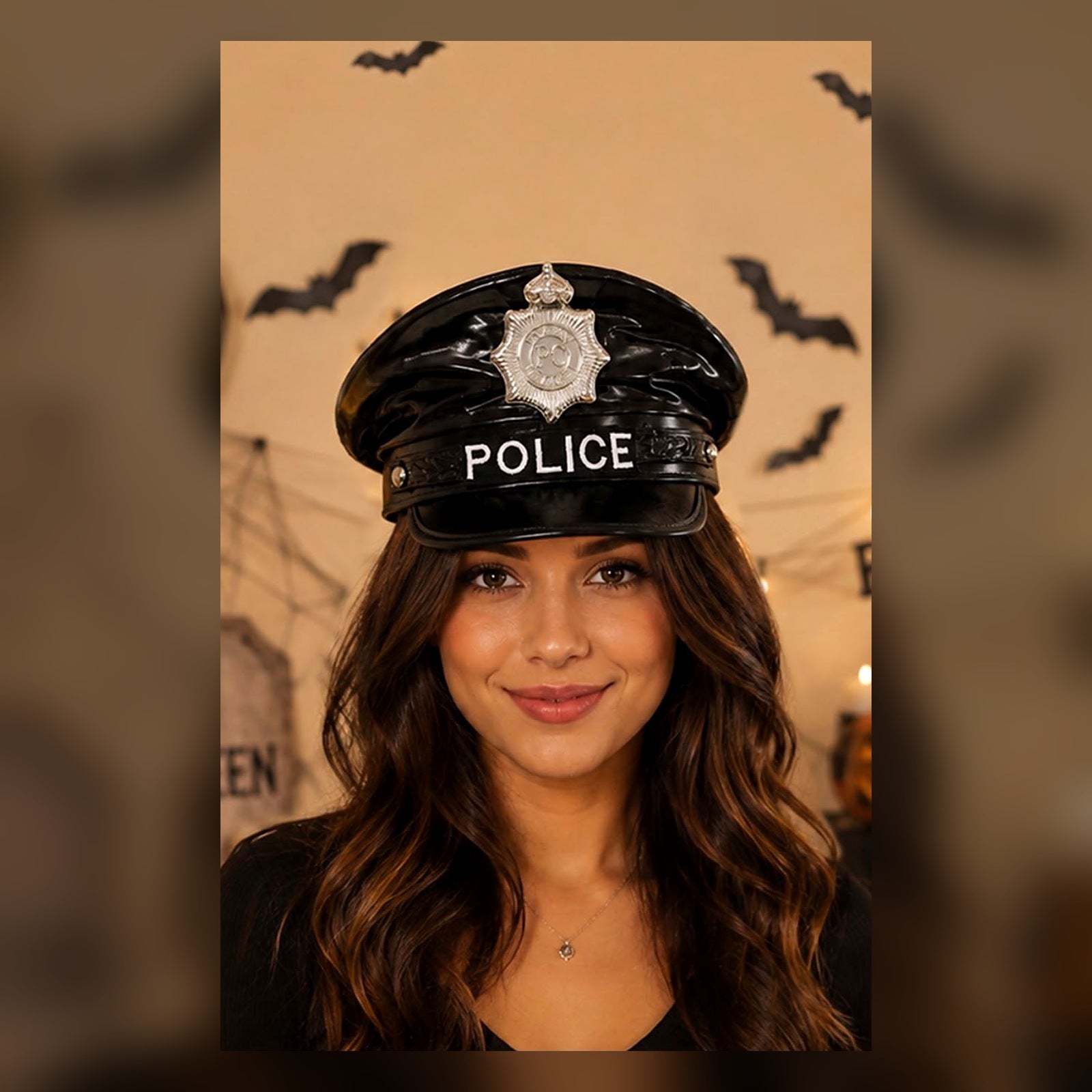 Kadın model üzerinde Police yazılı siyah polis kostüm şapkası