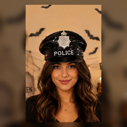 Kadın model üzerinde Police yazılı siyah polis kostüm şapkası