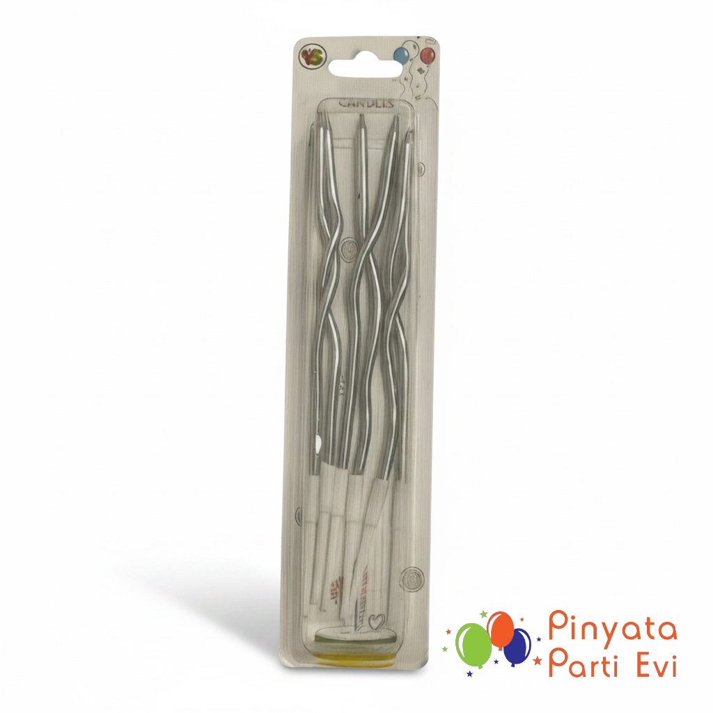 Pasta Mumu Spiral Gümüş Renk 6’lı – Kıvrık Gümüş Pasta Mum Seti