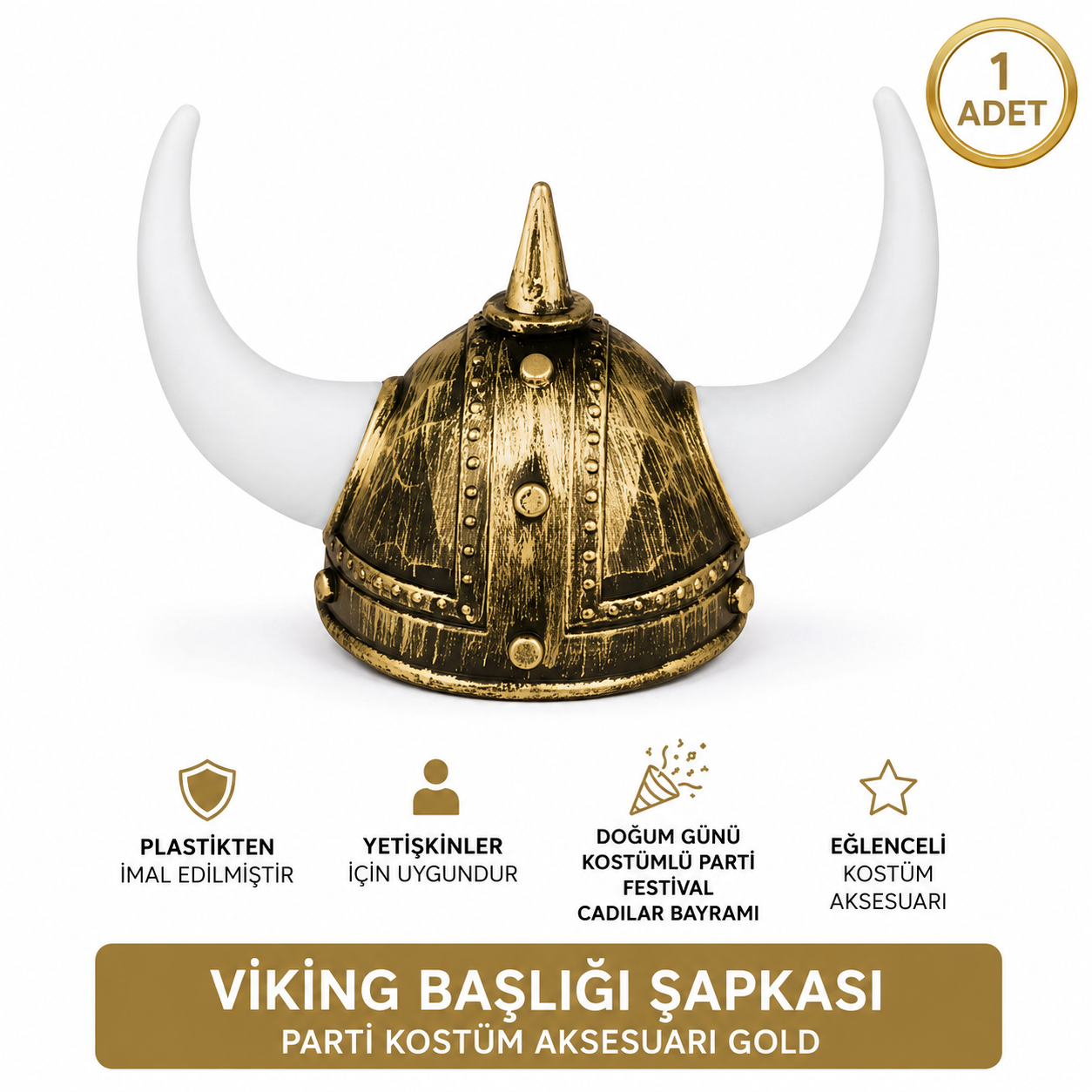 Plastik boynuzlu Viking miğferi gold parti kostüm aksesuarı