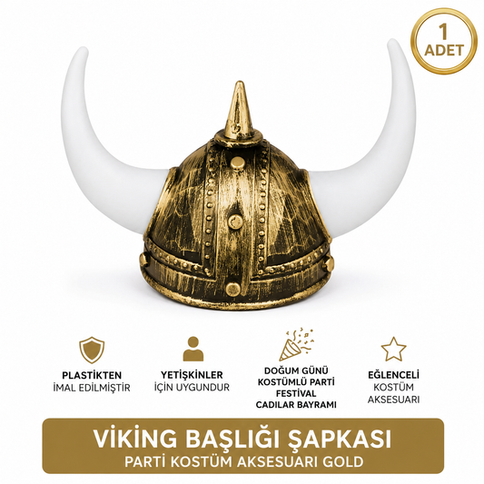 Plastik boynuzlu Viking miğferi gold parti kostüm aksesuarı