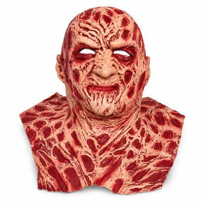 Freddy Krueger kostüm setindeki yanık efektli tam baş lateks maskenin önden görünümü